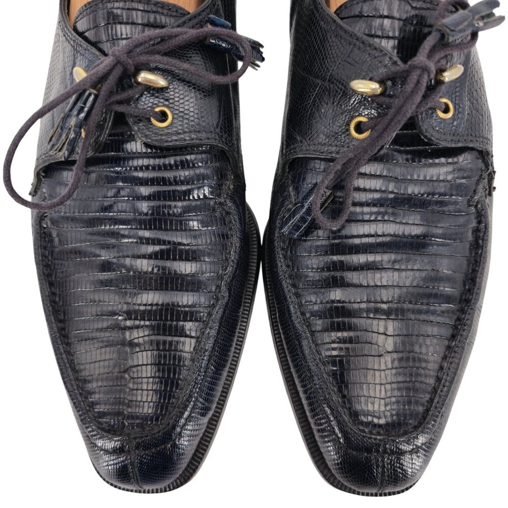 Vintage David Eden Exotic Teju Lizard Navy Blue Dress Shoes Men Size 8.5 Oxfords - Picture 2 of 13